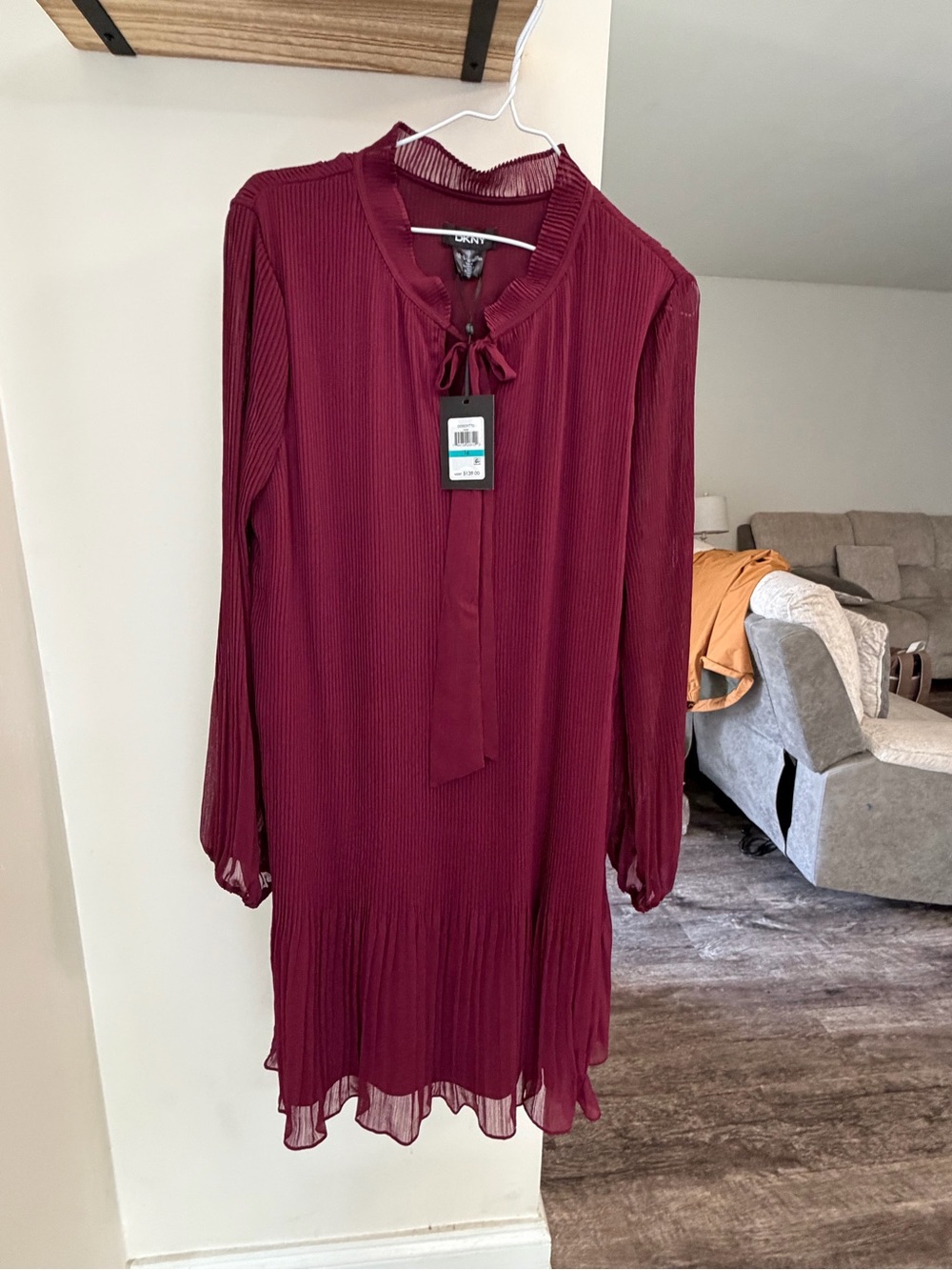 DKNY Wine Burgundy Long-Sleeve Pleated Tie-Neck Dress